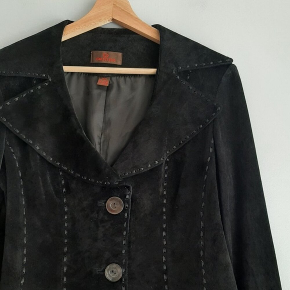 DANIER Genuine Suede Leather Jacket Blazer Button Front Sheer Hem Black Sz M - Picture 4 of 15